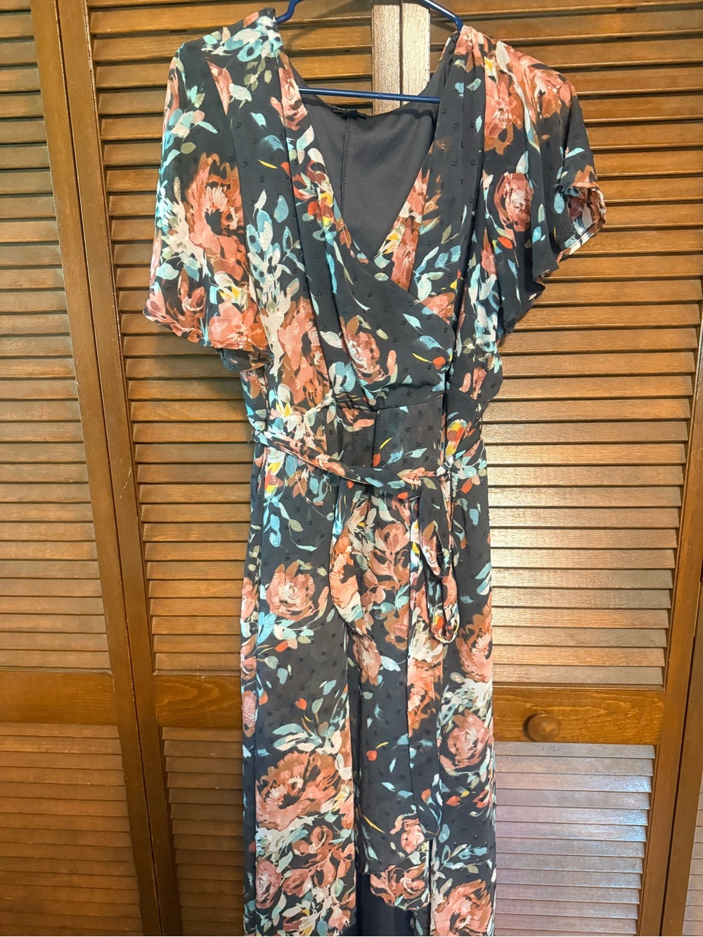 Floral Wrap Maxi Dress with pockets Dark gray with Coral & Teal Blooms